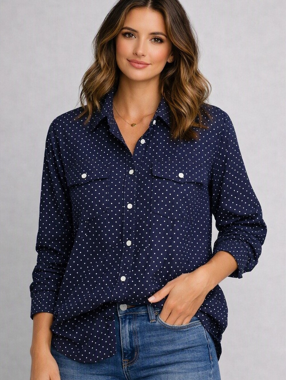 LL Bean Shirt Button Down Women's 3X-EXT Blue Polka A Dot Long Sleeve Cotton
